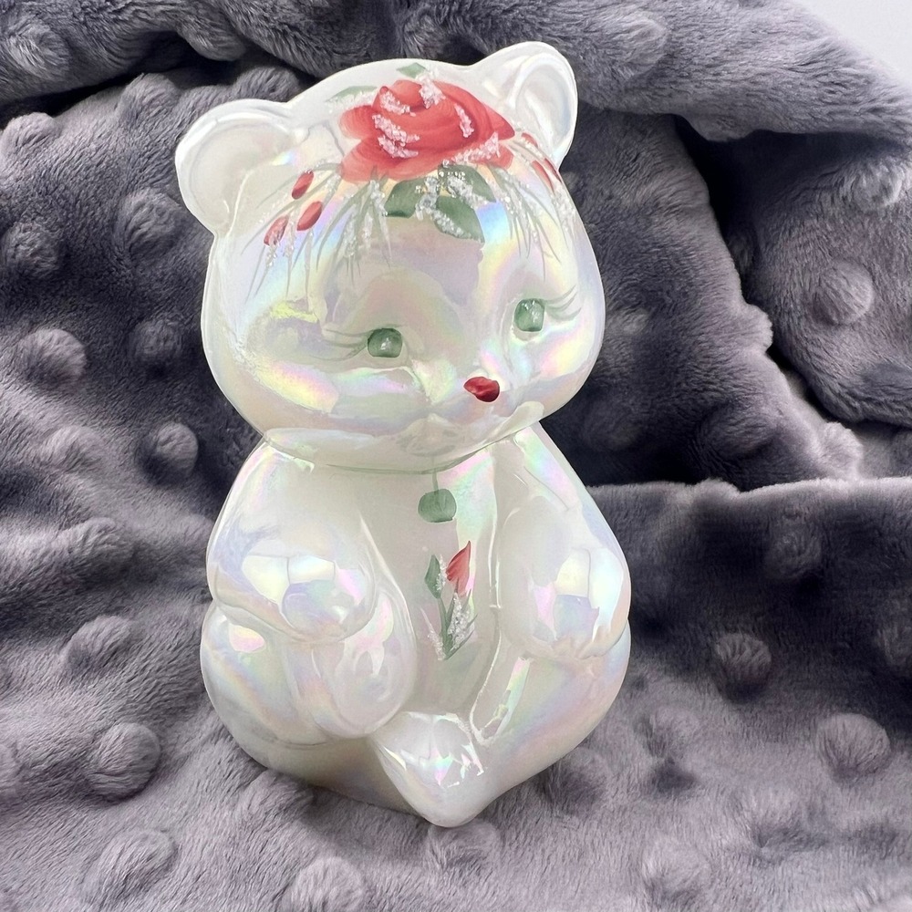 Vintage Fenton Iridescent Glass Bear Hand Painted Floral 1989